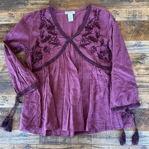 Indigo Thread Co Boho Embroidered Peasant Top Mauve Purple Tassel Sleeve Medium